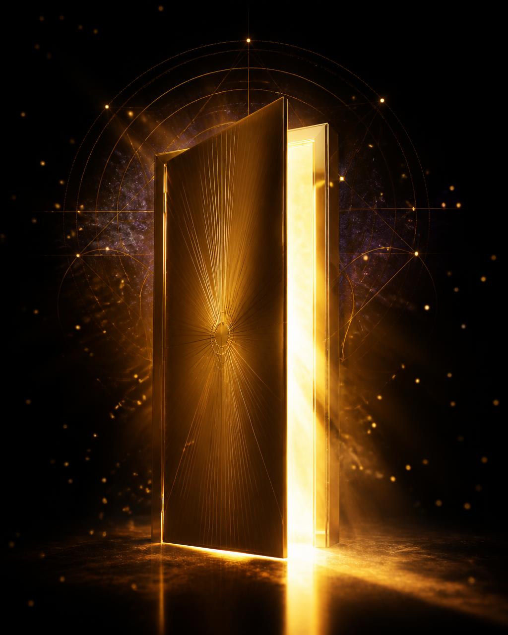 Porta dourada entreaberta com luz viva, símbolo da origem da transformação